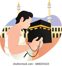 ilustration of man doing dua when Umroh or Hajj. Hajj is a mandatory religious duty for Muslims that must be carried out at least once in their lifetime by all adult Muslims.