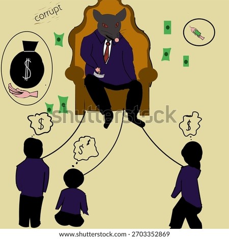 Ilustration of a mouse wearing tie anf glases sitting on this throne of power with his follower