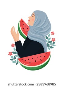 Ilustration of muslim girl praying and pieces of watermelon. Free palestine symbol and solidarity