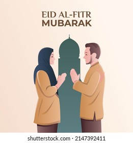 ilustration of muslim man and muslim woman shaking hand greeting eid al fitr