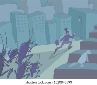 Ilustration of a old fashioned accountant or clerk running from oversized cockroaches in the city with Kafkian atmosphere