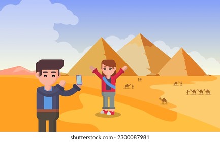 
Ilustration of Photo and Relaxing in Pyramid of Giza refers to the experience of visiting the Great Pyramids of Giza, one of the most iconic and historic landmarks in the world.