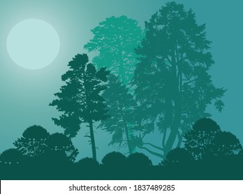 ilustration with pine forest silhouettes on cyan background