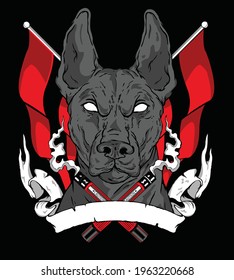 Ilustration of a Pitbull dog with some red flags