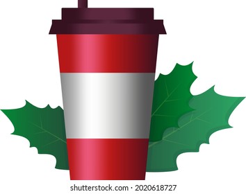 Ilustration of red coffee cup with omela leafs behind it, no background.