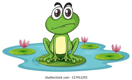 ilustration of sad and green frog in water with lotus