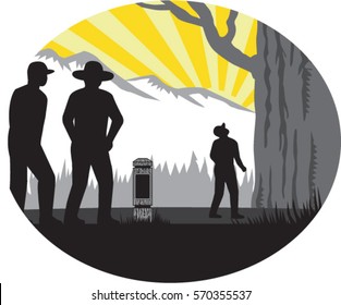 Ilustration of  trampers campers and a mile marker with one tramper looking up towards a giant treeset inside oval shape with mountain and sunburst in the background done in retro woodcut style. 
