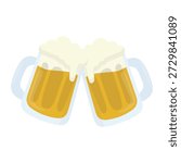 Ilustration of two frothy beer mugs clinking together in a celebratory toast, drawn in a bright flat design style for party themes.