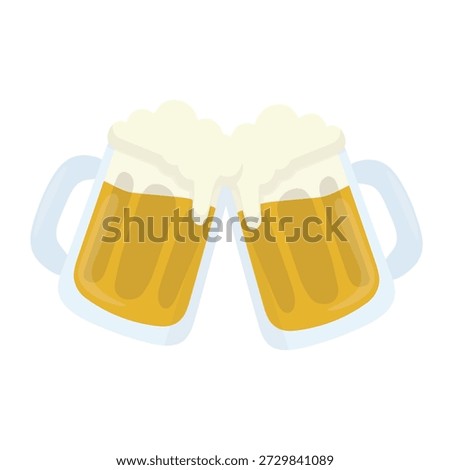 Ilustration of two frothy beer mugs clinking together in a celebratory toast, drawn in a bright flat design style for party themes.