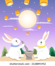 Ilustration of two rabbits making mochi under the moon light