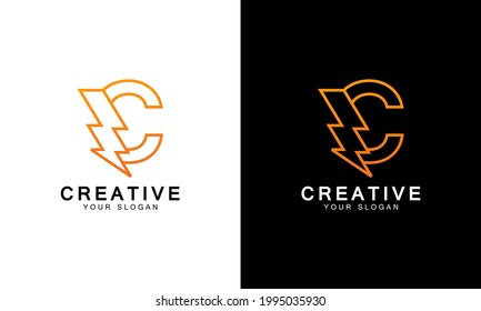 Ilustration vector graphic of abstract initial letter C Electric logo, letter C with thunder bolt lightning flash icon inside