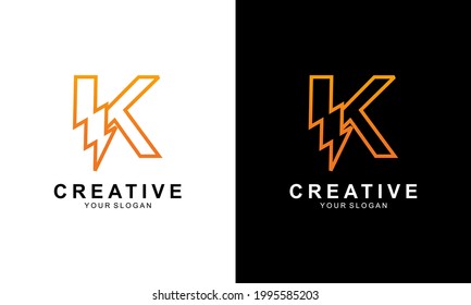 Ilustration vector graphic of abstract initial letter K Electric logo, letter K with thunder bolt lightning flash icon inside