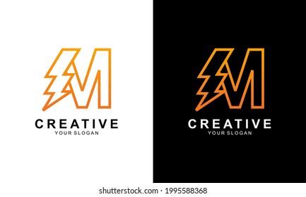 Ilustration vector graphic of abstract initial letter M Electric logo, letter M with thunder bolt lightning flash icon inside