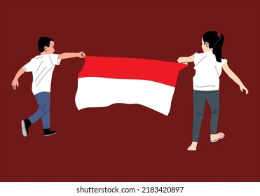 Ilustration vector graphic of Boys and girls are running carrying the Indonesian flag . They are celebrating Indonesian independence day.