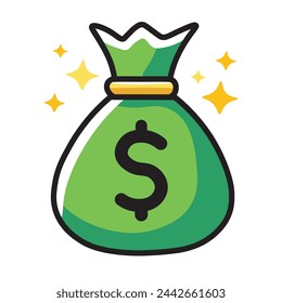 Ilustration Vector Graphic Cartoonof a Money Bag Icon with Drawstring Closure, Stacks of Cash and Coins Inside, Representing Financial Concepts, Savings, Wealth, Investment, and Business in a Lighthea
