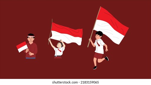 Ilustration vector graphic of celebrating Indonesian independence day. 
boy in elementary school uniform carrying a red and white flag . 
