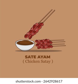 Ilustração gráfica vetorial de isca de frango ( sate ayam ) com molho de amendoim