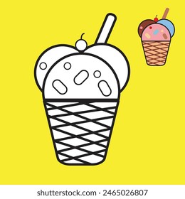 Ilustration vector graphic of cone ice cream with cherry line art. suitable for children's coloring books.