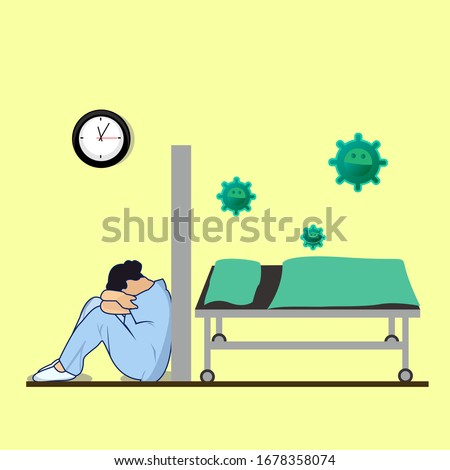 ilustration vector graphic of Coronavirus 2019-nCoV. Tired and sick doctor is finding cure for corona virus. flat Cartoon Style fit for magazine, book, poster, menu cover, web pages.
