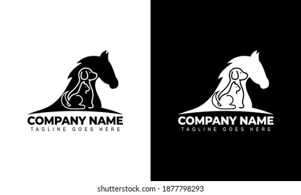 Ilustration Vector Graphic Of Creative Logo Design. Horse, Dog, Cat Vector Template On Black And White Background