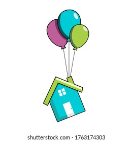 Ilustration vector graphic of  flying house with balloons