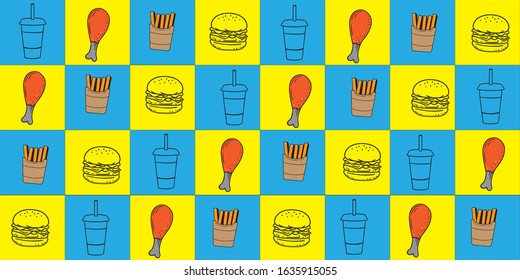 ilustration vector graphic of french, fried chiken, soft drink and burger in patern. fit to place on packaging design, food court wallpaper, cullinary event backdrop , etc