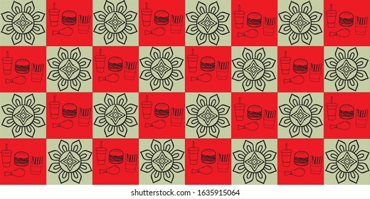 ilustration vector graphic of french, fried chiken, soft drink and burger in patern. fit to place on packaging design, food court wallpaper, cullinary event backdrop , etc
