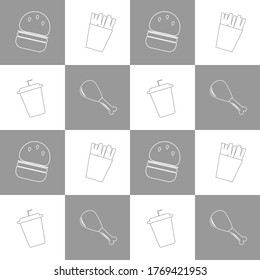 ilustration vector graphic french fries,fried chiken,soft drink,and burger in pattern.fit to place on packaging design,food wallpaper,culinary event backdrop. in eps 10