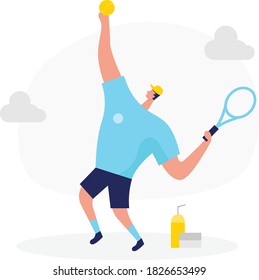 Ilustration vector graphic of 
a guy playing tennis, and getting ready to hit a tennis ball