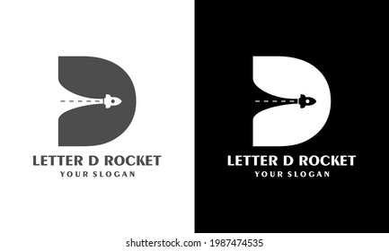 Ilustration vector graphic of Letter D template logo with rocket launch symbol. Negative space design trends.