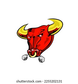 ilustration vector graphic logo, icon red buffalo head with yellow horns