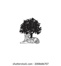 Ilustration vector graphic logo of tiger sitting under the tree