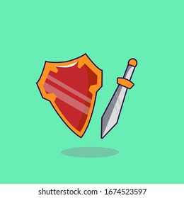 ilustration vector graphic of shield sword. flat Cartoon Style fit for magazine, book, poster, menu cover, web pages.