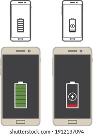 Icono de vector de ilustración, teléfono con batería indicador max, low.