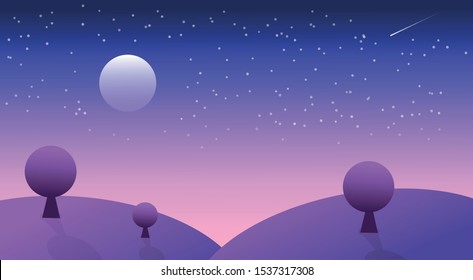 Ilustration vector night scene design  with trees ´standing on a hill. Stars, shooting stars and a beautiful moon in the sky sunset or sunrise with magenta and violet colors very colorful 