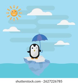 ilustração pinguim vetor no gelo com guarda-chuva