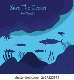 Vetor de ilustração mar e peixe para dia do oceano