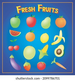 Ilustration Vector of a set of fresh fruits and vegetables for kids