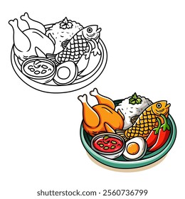 ilustration vector of typical Indonesian cuisine rice with chicken, fish, egg and spicy chili sauce cartoon food 