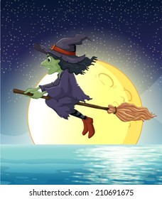 Ilustration of a witch flying at night