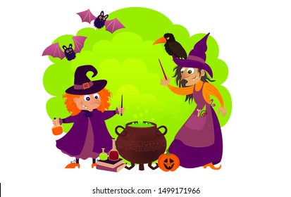 Ilustration of witches on sabbath, witches making potion in a green smoke  surrounded with bats, spell books, vails with potion. Happy Halloween illustration.