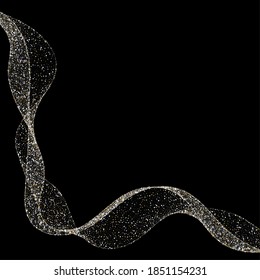 ilver glitter sequins flow abstract lines isolated on black background, vector illustration. Sparkling dots wave, space for text for banners, party invitations, graphic design.