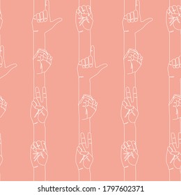 ILY sign, love in american sign language. Seamless pattern on pink background. One line continuous art