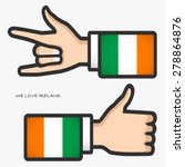 ILY and thumb up hand sign with long arm suit screen Ireland flag isolated on light gray background. (EPS10 art vector)
