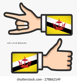 ILY and thumb up hand sign with long arm suit screen Brunei flag isolated on light gray background. (EPS10 art vector)