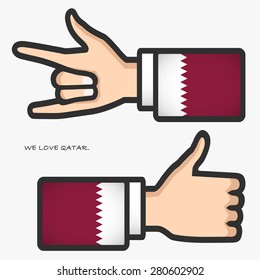 ILY and thumb up hand sign with long arm suit screen Qatar flag isolated on light gray background. (EPS10 art vector)
