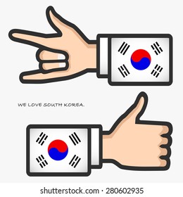 ILY and thumb up hand sign with long arm suit screen South Korea flag isolated on light gray background. (EPS10 art vector)