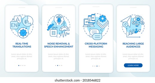 IM advanced feature blue onboarding mobile app page screen. Cross platform messaging walkthrough 4 steps graphic instructions with concepts. UI, UX, GUI vector template with linear color illustrations