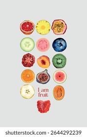 Im fruit. Set of split fruits. Watercolor style illustration