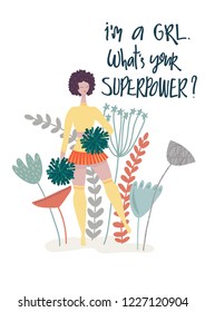 "I'm a girl. What's your superpower?" card, vector